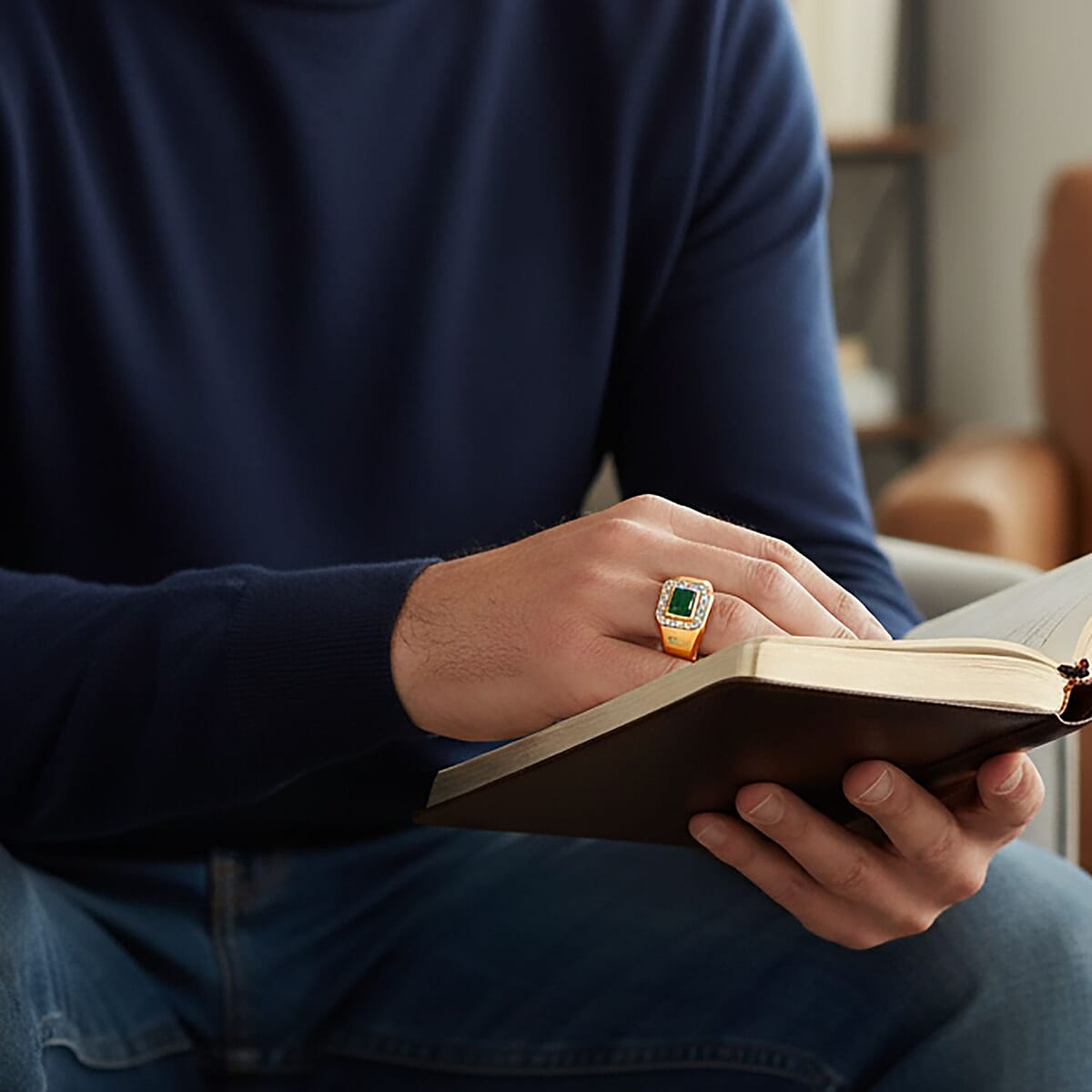 Premium Kagem Zambian Emerald and Luxuriant Lab Grown Diamond G-H SI 1.40 ctw Men's Ring in 18K Vermeil Yellow Gold Over Sterling Silver (Size 10.0) image number 2