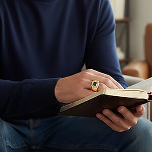 Premium Kagem Zambian Emerald and Luxuriant Lab Grown Diamond G-H SI 1.40 ctw Men's Ring in 18K Vermeil Yellow Gold Over Sterling Silver (Size 10.0)