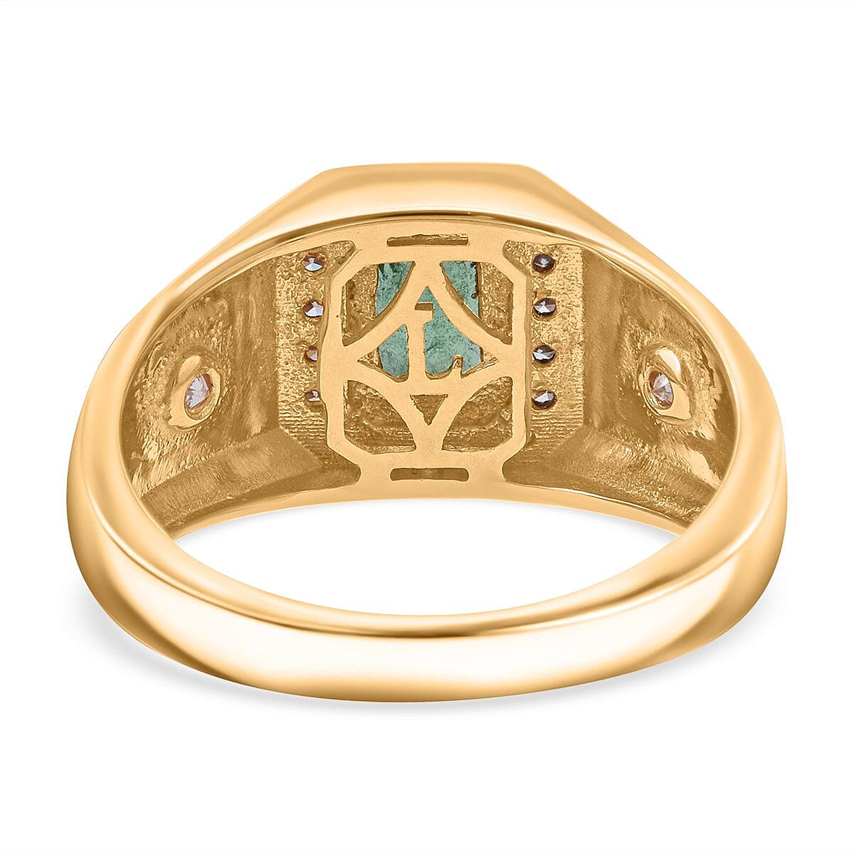 Premium Kagem Zambian Emerald and Luxuriant Lab Grown Diamond G-H SI 1.40 ctw Men's Ring in 18K Vermeil Yellow Gold Over Sterling Silver (Size 10.0) image number 4
