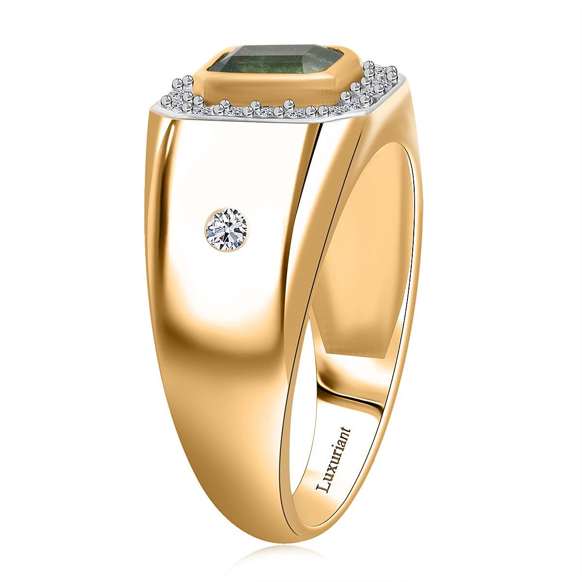 Premium Kagem Zambian Emerald and Luxuriant Lab Grown Diamond G-H SI 1.40 ctw Men's Ring in 18K Vermeil Yellow Gold Over Sterling Silver (Size 12.0) image number 3