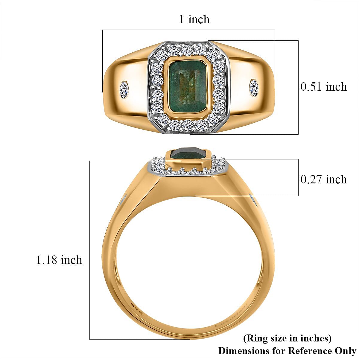 Premium Kagem Zambian Emerald and Luxuriant Lab Grown Diamond G-H SI 1.40 ctw Men's Ring in 18K Vermeil Yellow Gold Over Sterling Silver (Size 12.0) image number 5