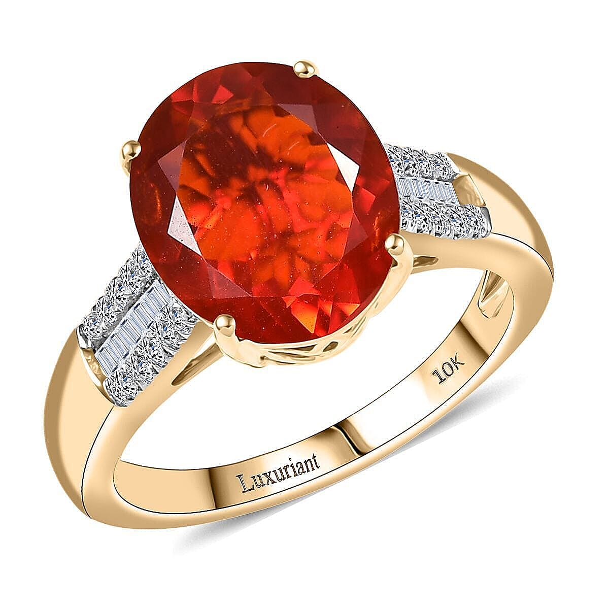 Mexican Cherry Fire Opal and Luxuriant Lab Grown Diamond E-F VS 3.20 ctw Ring in 10K Yellow Gold (Size 6.0) image number 0