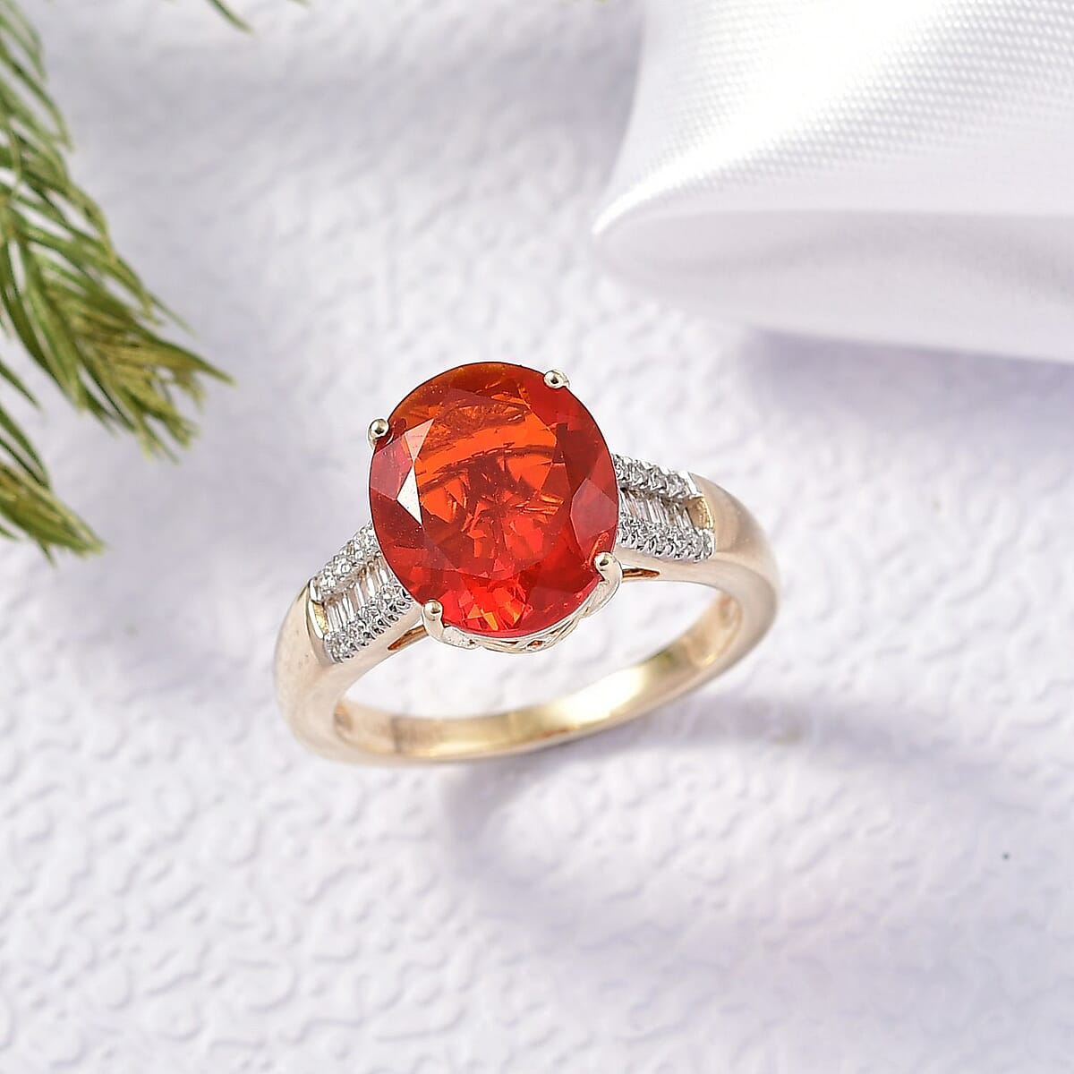 Mexican Cherry Fire Opal and Luxuriant Lab Grown Diamond E-F VS 3.20 ctw Ring in 10K Yellow Gold (Size 7.0) image number 1