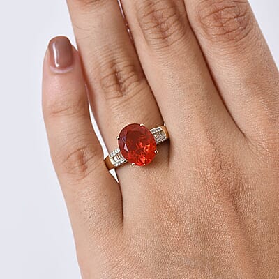 Mexican Cherry Fire Opal and Luxuriant Lab Grown Diamond E-F VS 3.20 ctw Ring in 10K Yellow Gold (Size 7.0)