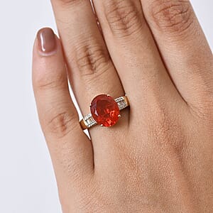 Mexican Cherry Fire Opal and Luxuriant Lab Grown Diamond E-F VS 3.20 ctw Ring in 10K Yellow Gold (Size 8.0)