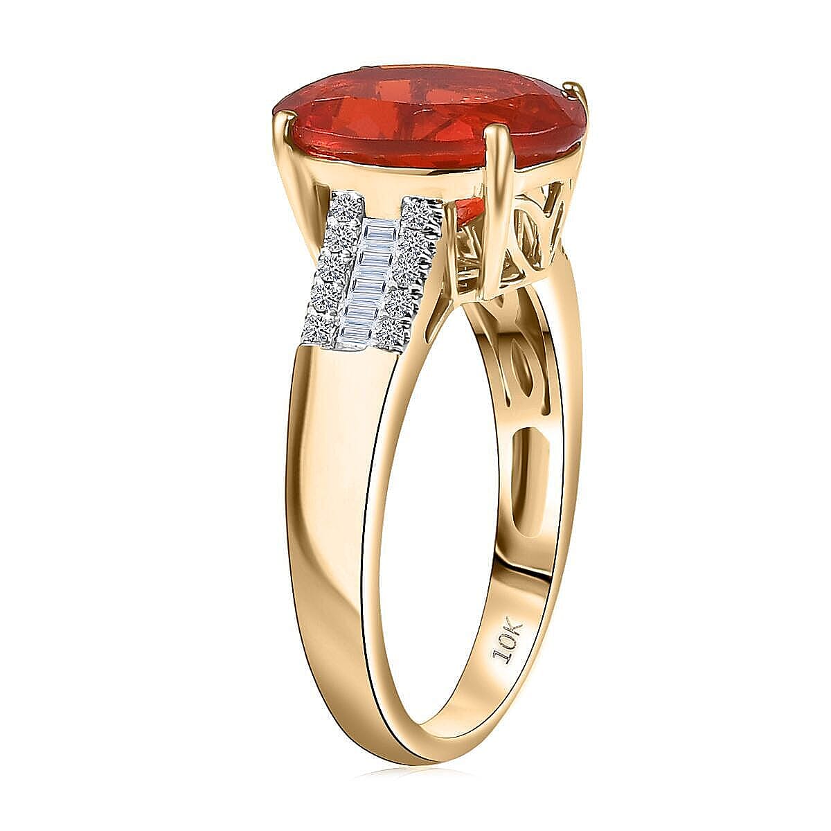 10K Yellow Gold Mexican Cherry Fire Opal, Luxuriant Lab Grown Diamond (E-F, VS) (0.19 cts) Ring (Size 9.5) 3.20 ctw