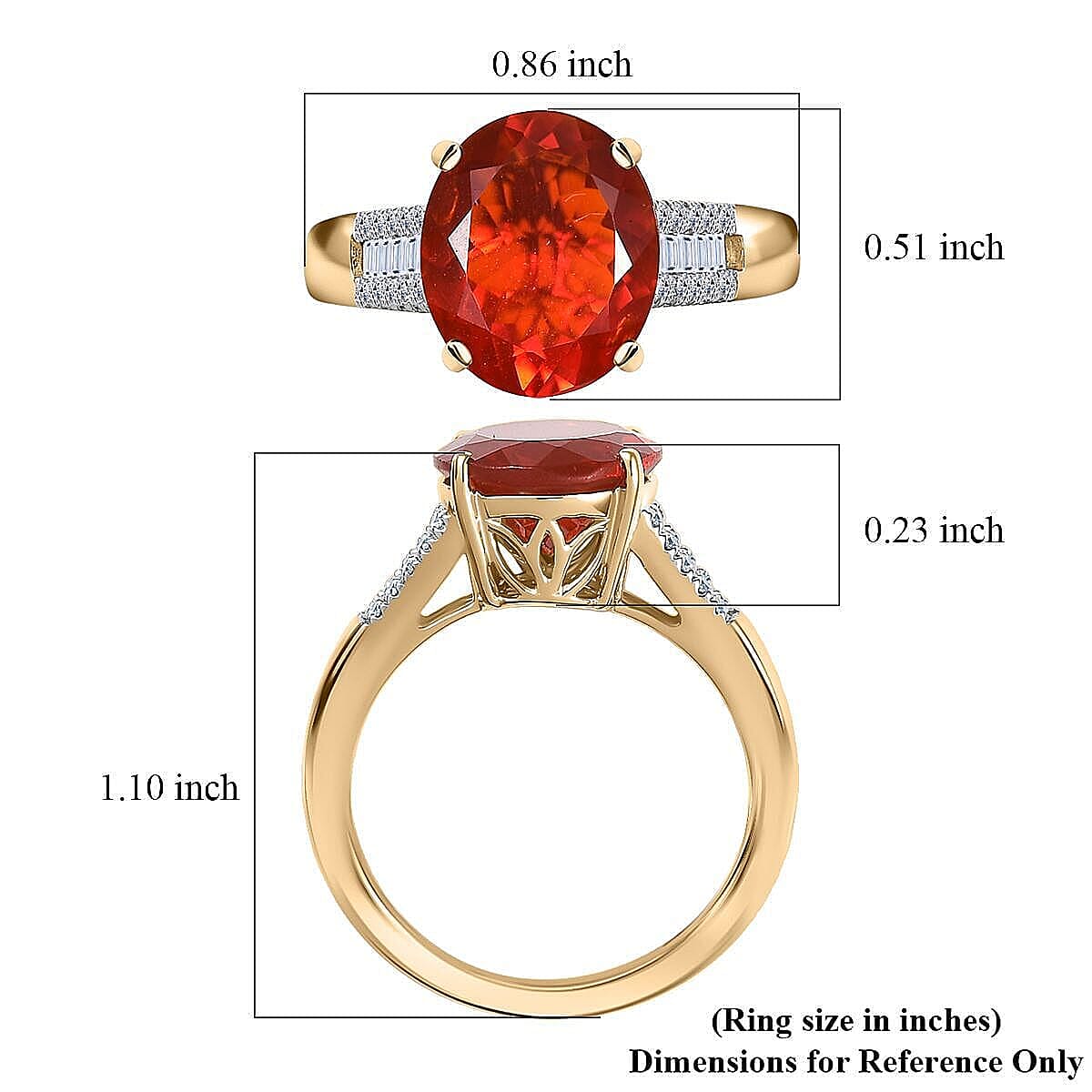10K Yellow Gold Mexican Cherry Fire Opal, Luxuriant Lab Grown Diamond (E-F, VS) (0.19 cts) Ring (Size 9.5) 3.20 ctw