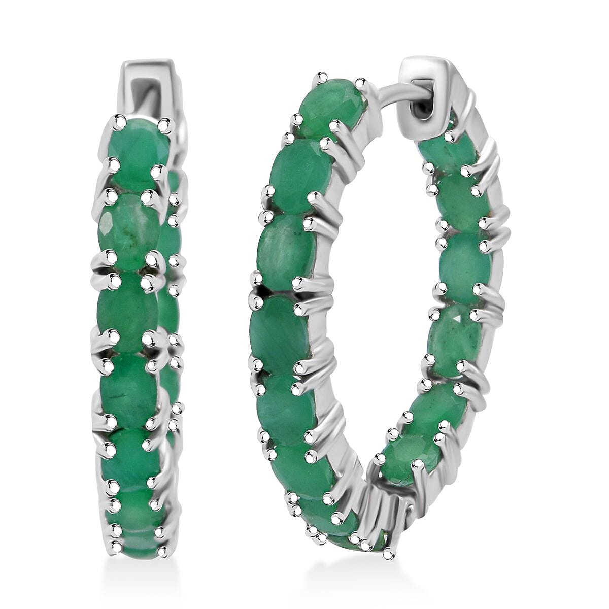 D'Joy Premium Kagem Zambian Emerald 4.20 ctw Hoop Earrings in Rhodium Over Sterling Silver image number 0