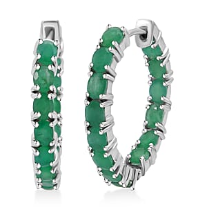 D'Joy Premium Kagem Zambian Emerald 4.20 ctw Hoop Earrings in Rhodium Over Sterling Silver