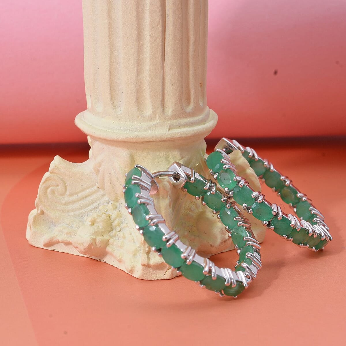 D'Joy Premium Kagem Zambian Emerald 4.20 ctw Hoop Earrings in Rhodium Over Sterling Silver image number 1