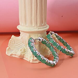 D'Joy Premium Kagem Zambian Emerald 4.20 ctw Hoop Earrings in Rhodium Over Sterling Silver