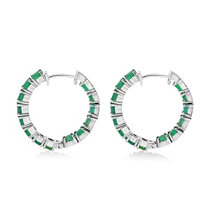 D'Joy Premium Kagem Zambian Emerald 4.20 ctw Hoop Earrings in Rhodium Over Sterling Silver