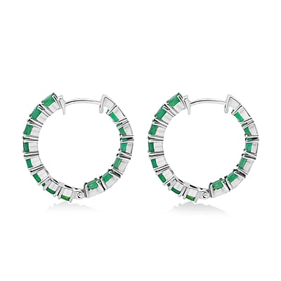 D'Joy Premium Kagem Zambian Emerald 4.20 ctw Hoop Earrings in Rhodium Over Sterling Silver