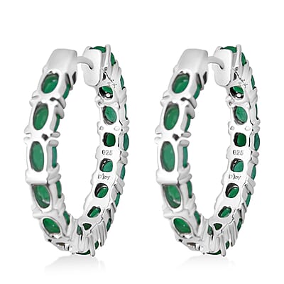 D'Joy Premium Kagem Zambian Emerald 4.20 ctw Hoop Earrings in Rhodium Over Sterling Silver