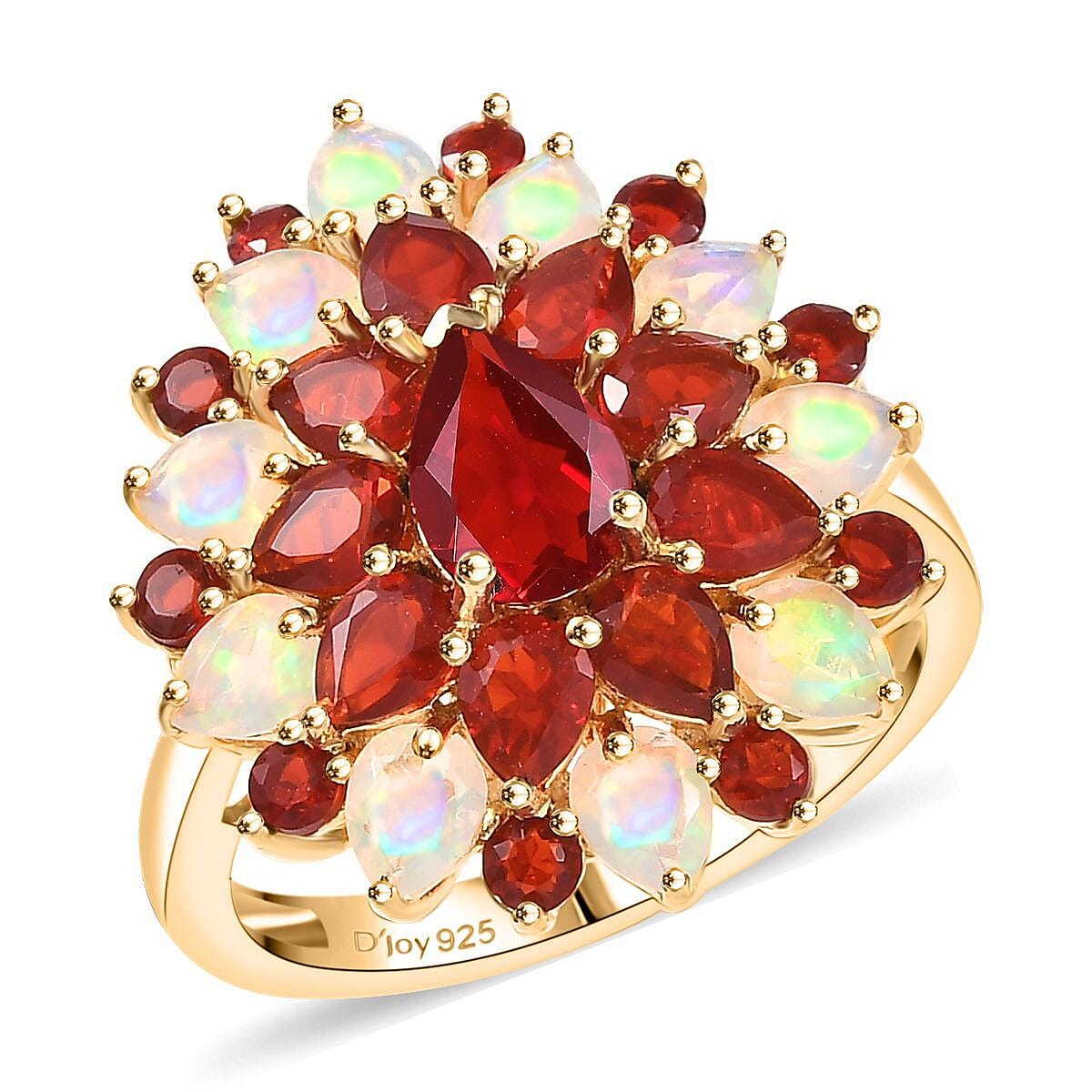 D'Joy Mexican Cherry Fire Opal and Premium Ethiopian Welo Opal 2.65 ctw Floral Ring in 18K Vermeil Yellow Gold Over Sterling Silver (Size 6.0)