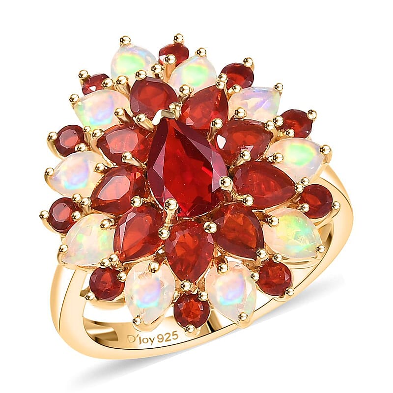 D'Joy Mexican Cherry Fire Opal and Premium Ethiopian Welo Opal 2.65 ctw Floral Ring in 18K Vermeil Yellow Gold Over Sterling Silver (Size 6.0)