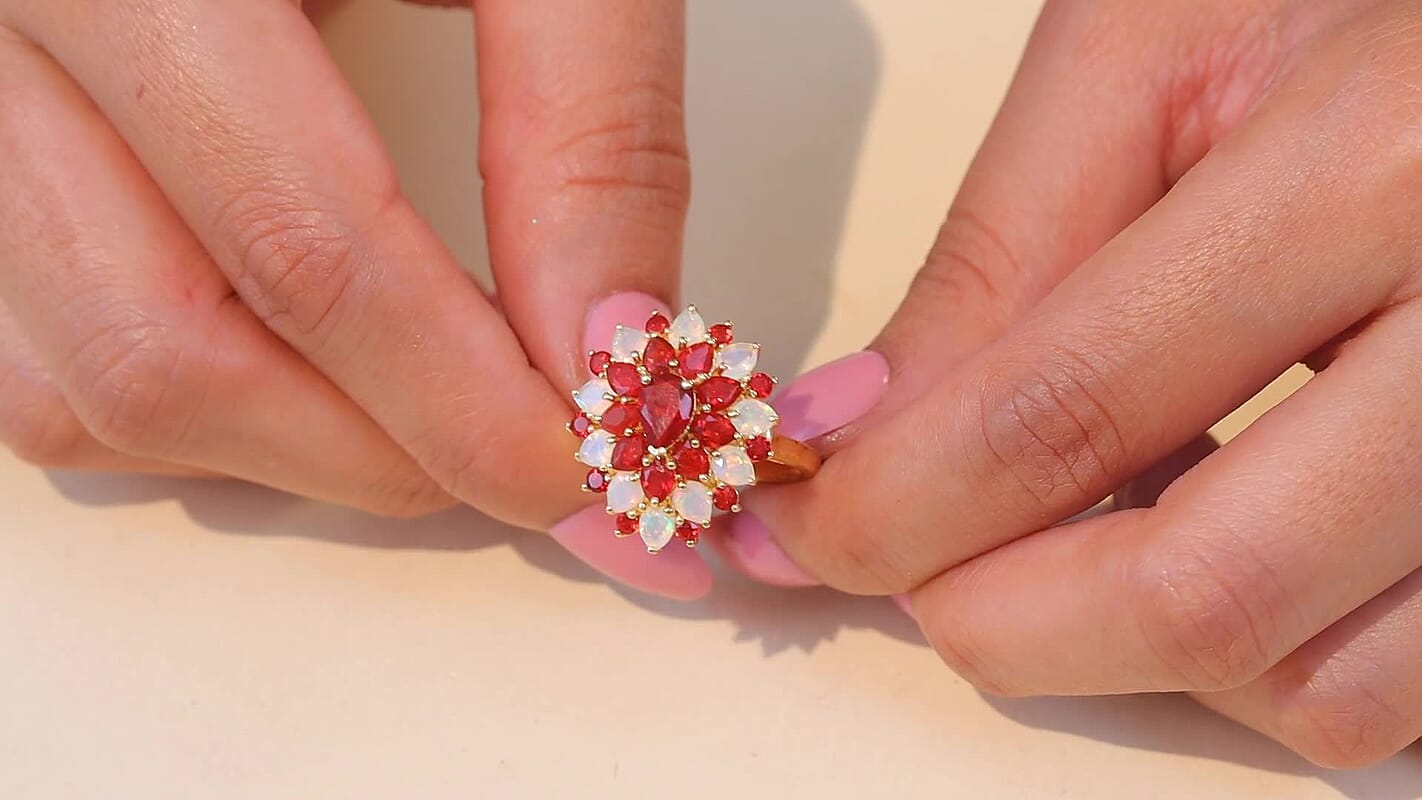 D'Joy Mexican Cherry Fire Opal, Ethiopian Welo Opal Ring in 18K Vermeil YG Over Sterling Silver (Size 6.0) 2.65 ctw