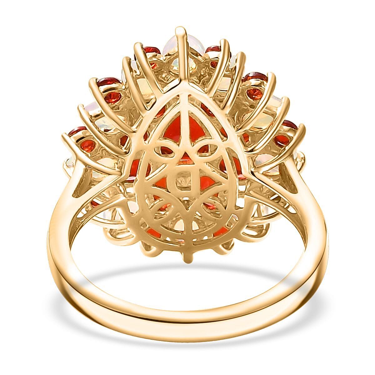 D'Joy Mexican Cherry Fire Opal and Premium Ethiopian Welo Opal 2.65 ctw Floral Ring in 18K Vermeil Yellow Gold Over Sterling Silver (Size 6.0)