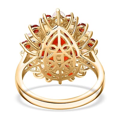D'Joy Mexican Cherry Fire Opal and Premium Ethiopian Welo Opal 2.65 ctw Floral Ring in 18K Vermeil Yellow Gold Over Sterling Silver (Size 6.0)