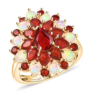 D'Joy Mexican Cherry Fire Opal and Premium Ethiopian Welo Opal 2.65 ctw Floral Ring in 18K Vermeil Yellow Gold Over Sterling Silver (Size 7.0)