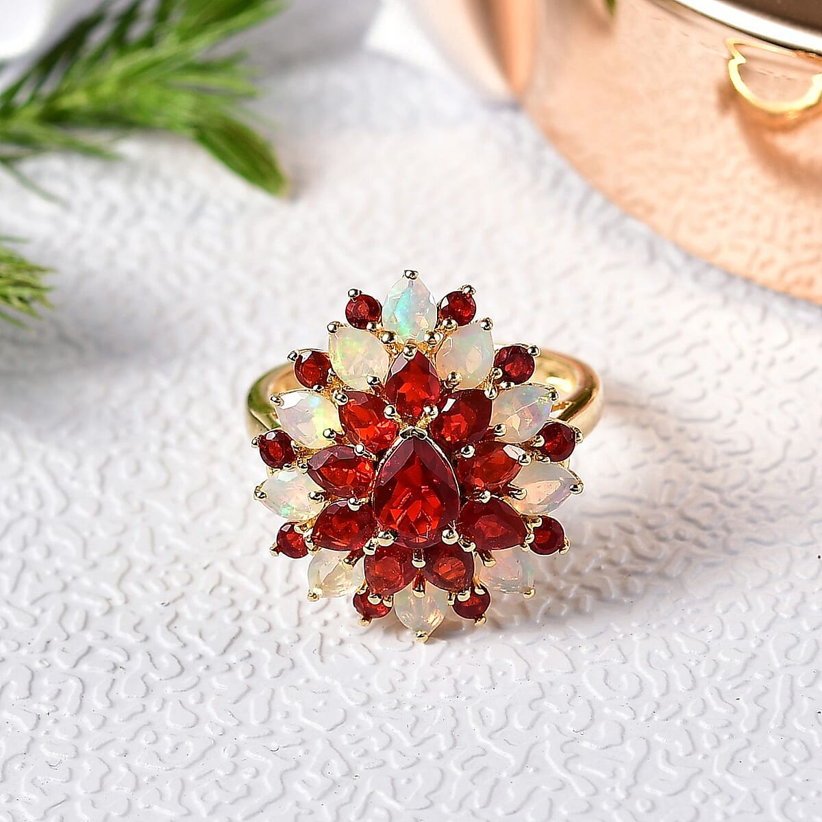 D'Joy Mexican Cherry Fire Opal and Premium Ethiopian Welo Opal 2.65 ctw Floral Ring in 18K Vermeil Yellow Gold Over Sterling Silver (Size 7.0) image number 1