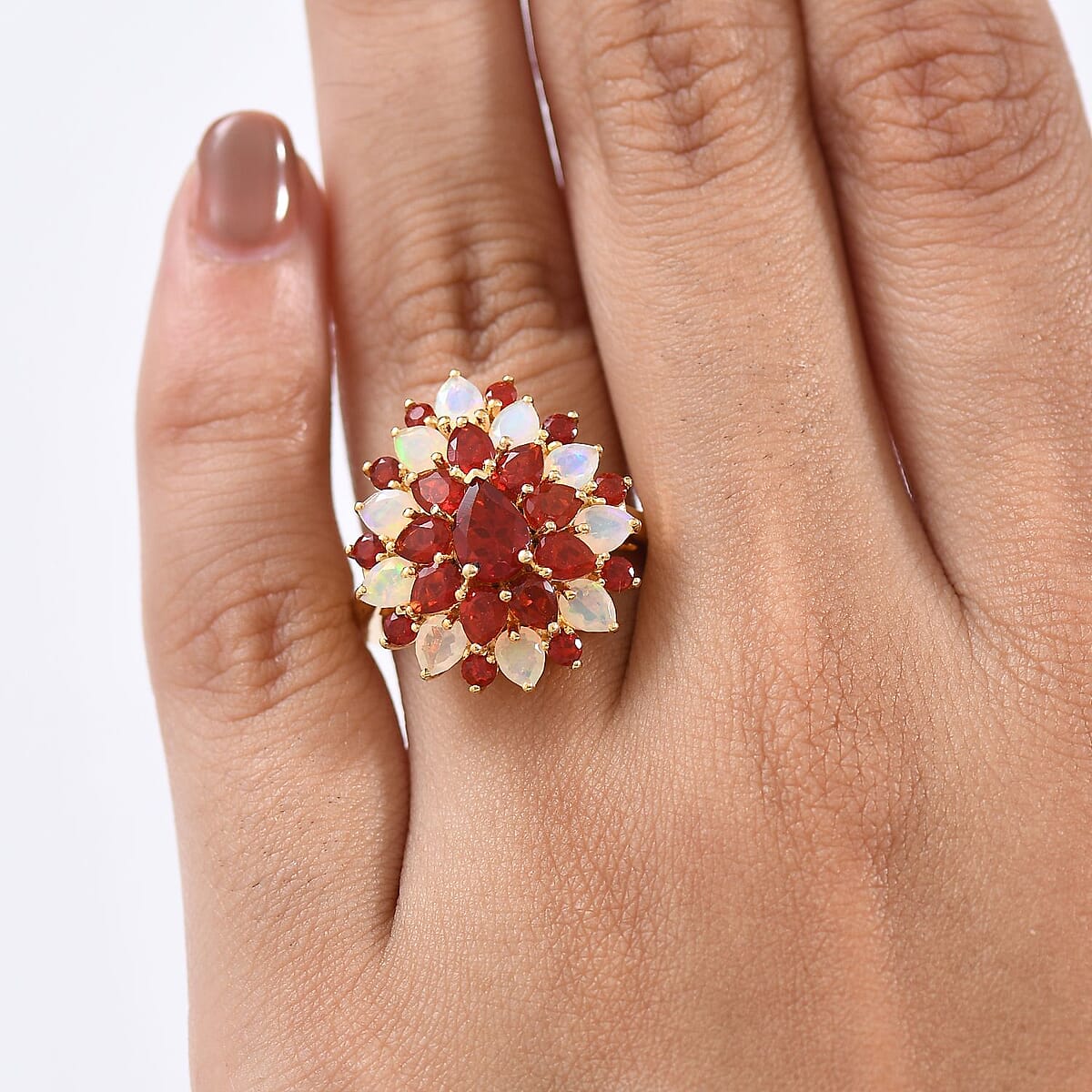 D'Joy Mexican Cherry Fire Opal and Premium Ethiopian Welo Opal 2.65 ctw Floral Ring in 18K Vermeil Yellow Gold Over Sterling Silver (Size 8.0) image number 2