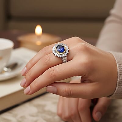 D'Joy Kashmir Kyanite, Multi Gemstone Royal Halo Ring in Rhodium Over Sterling Silver 4.90 ctw (Size 10.0)