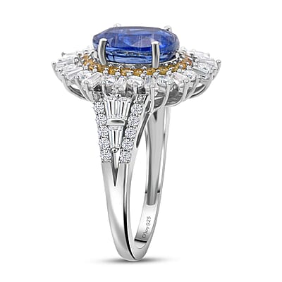 D'Joy Kashmir Kyanite, Multi Gemstone Royal Halo Ring in Rhodium Over Sterling Silver 4.90 ctw (Size 10.0)
