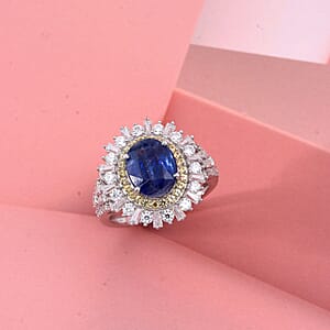 D'Joy Premium Kashmir Kyanite and Multi Gemstone 4.90 ctw Royal Halo Ring in Rhodium Over Sterling Silver (Size 6.0)