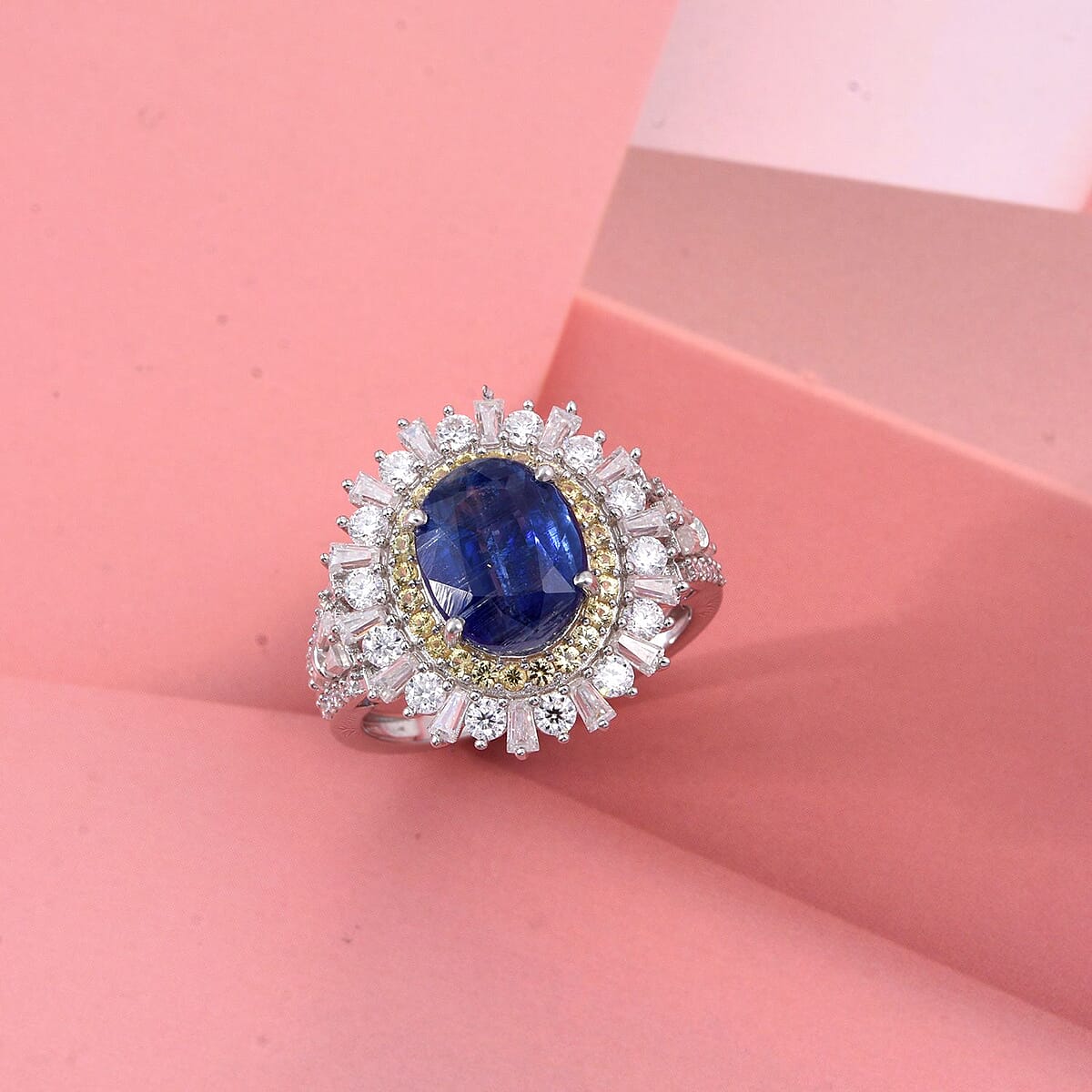 D'Joy Premium Kashmir Kyanite and Multi Gemstone 4.90 ctw Royal Halo Ring in Rhodium Over Sterling Silver (Size 7.0) image number 1