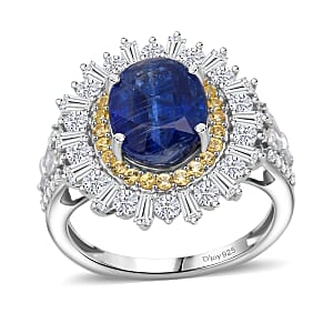 D'Joy Premium Kashmir Kyanite and Multi Gemstone 4.90 ctw Royal Halo Ring in Rhodium Over Sterling Silver (Size 9.0)
