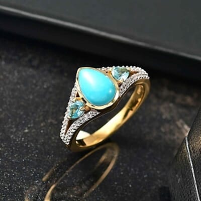 D'Joy Sleeping Beauty Turquoise, Multi Gemstone 2.42 ctw Ring in 18K Vermeil Yellow Gold Over Sterling Silver (Size 9.0)