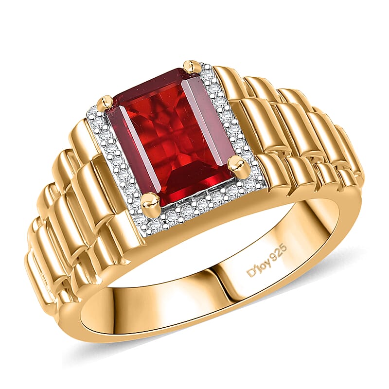 D'Joy Mexican Cherry Fire Opal and Moissanite 1.70 ctw Men's Ring in 18K Vermeil Yellow Gold Over Sterling Silver (Size 10.0)