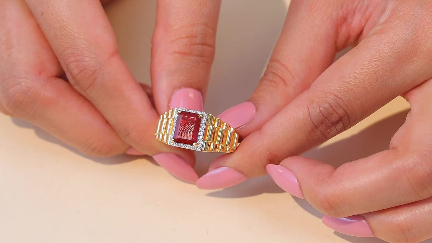 D'Joy Mexican Cherry Fire Opal, Moissanite Men's Ring in 18K Vermeil YG Over Sterling Silver (Size 10.0) 1.70 ctw