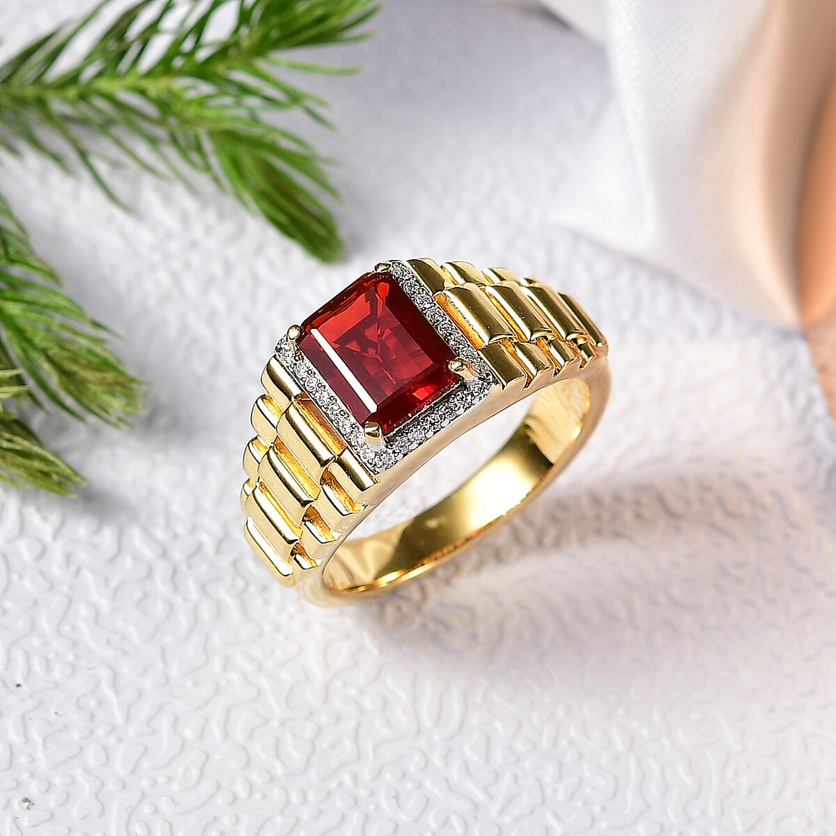 D'Joy Mexican Cherry Fire Opal, Moissanite Men's Ring in 18K Vermeil YG Over Sterling Silver (Size 10.0) 1.70 ctw image number 1