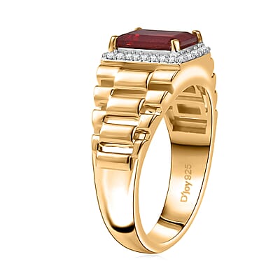 D'Joy Mexican Cherry Fire Opal and Moissanite 1.70 ctw Men's Ring in 18K Vermeil Yellow Gold Over Sterling Silver (Size 10.0)