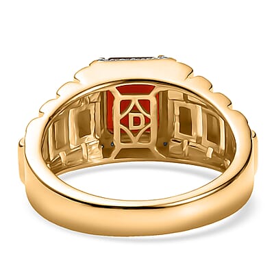 D'Joy Mexican Cherry Fire Opal and Moissanite 1.70 ctw Men's Ring in 18K Vermeil Yellow Gold Over Sterling Silver (Size 10.0)