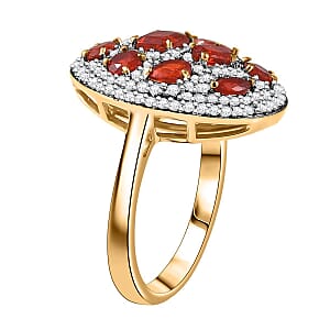 D'Joy Mexican Cherry Fire Opal and Moissanite 1.85 ctw Cluster Art Deco Ring in 18K Vermeil Yellow Gold Over Sterling Silver (Size 10.0)