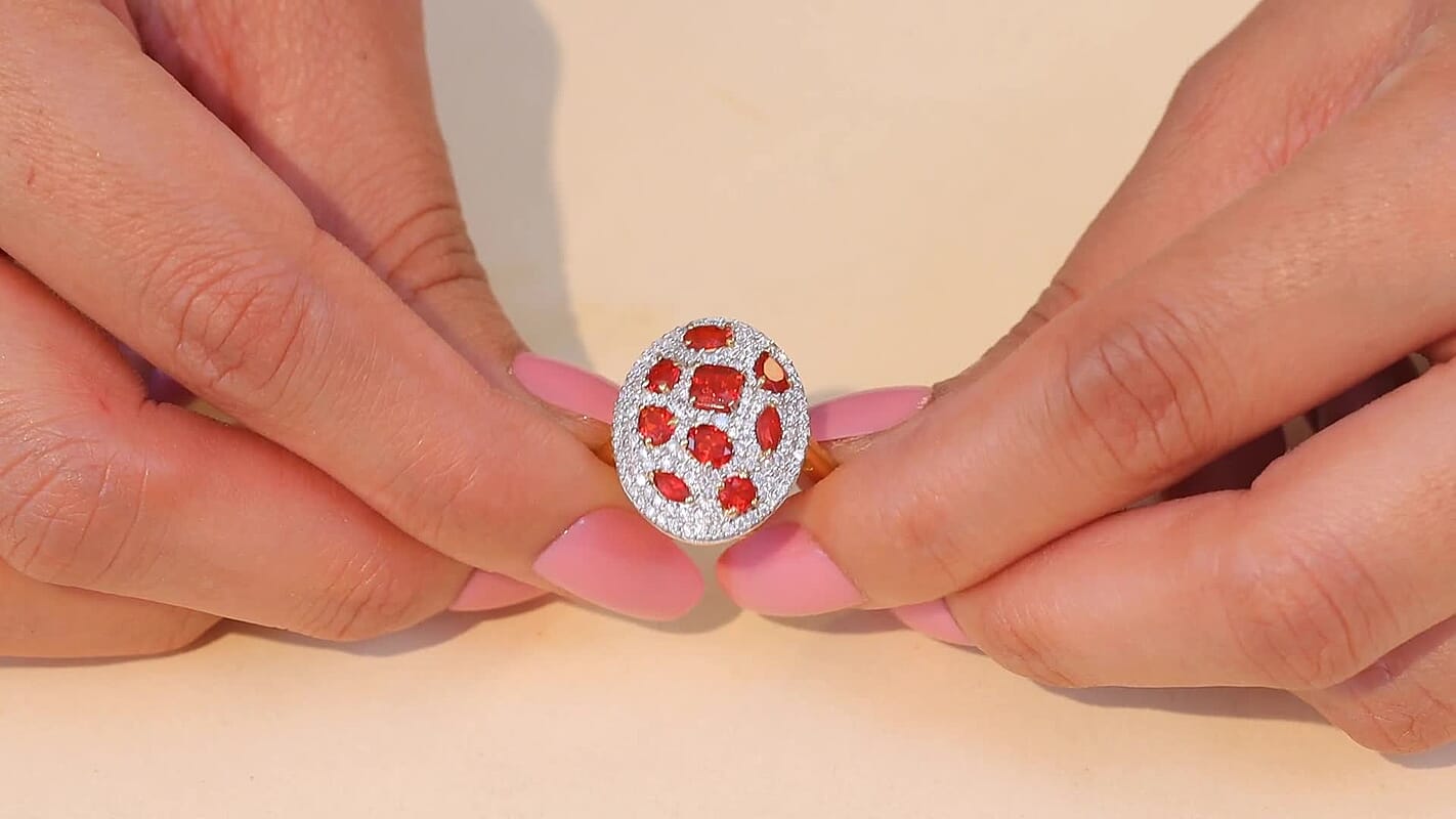 D'Joy Mexican Cherry Fire Opal, Moissanite Ring in 18K Vermeil YG Over Sterling Silver (Size 10.0) 1.75 ctw