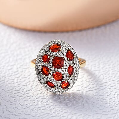 D'Joy Mexican Cherry Fire Opal and Moissanite 1.85 ctw Cluster Art Deco Ring in 18K Vermeil Yellow Gold Over Sterling Silver (Size 6.0)