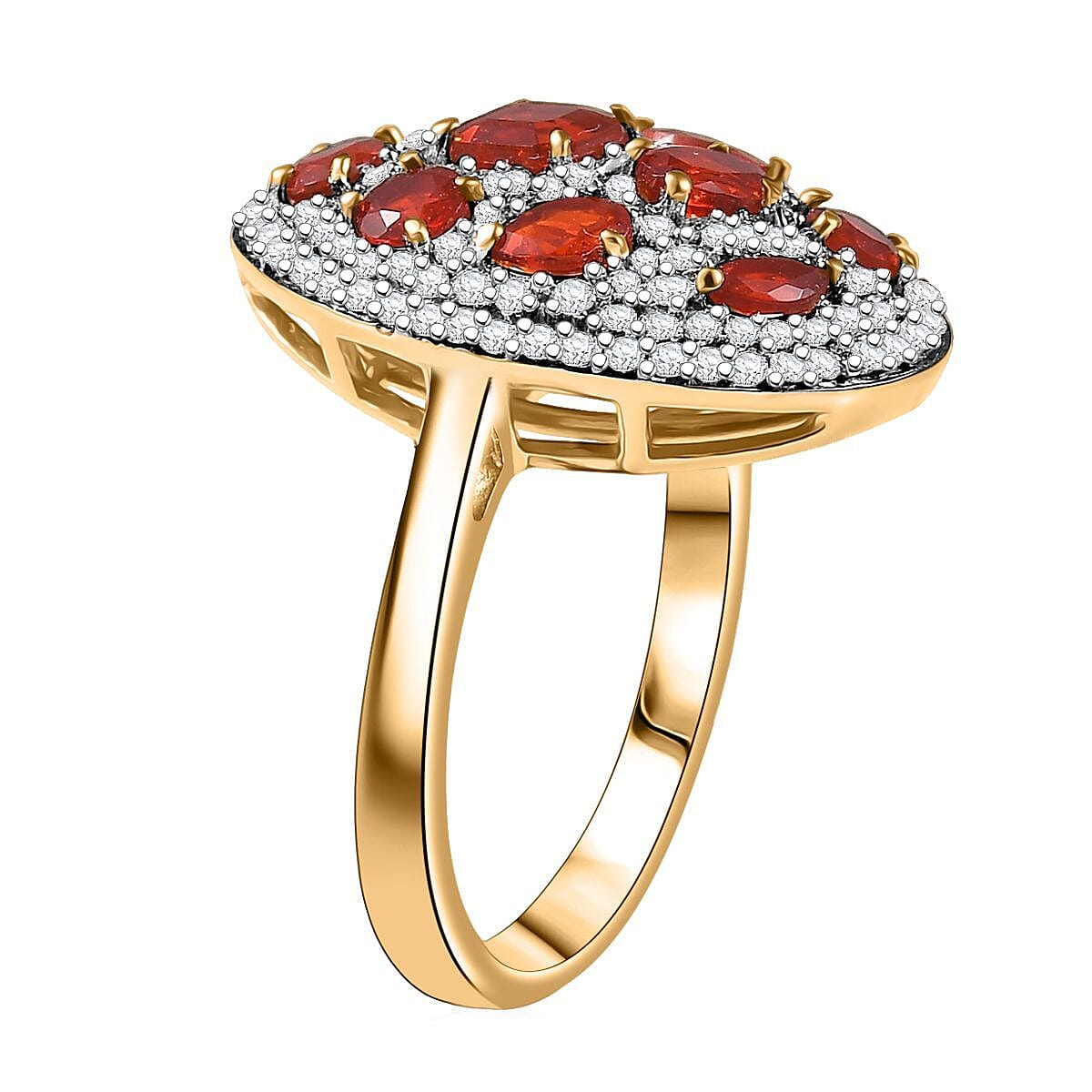 D'Joy Mexican Cherry Fire Opal and Moissanite 1.85 ctw Cluster Art Deco Ring in 18K Vermeil Yellow Gold Over Sterling Silver (Size 6.0) image number 3