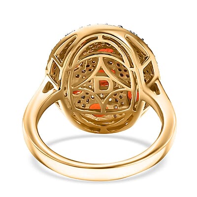 D'Joy Mexican Cherry Fire Opal and Moissanite 1.85 ctw Cluster Art Deco Ring in 18K Vermeil Yellow Gold Over Sterling Silver (Size 6.0)