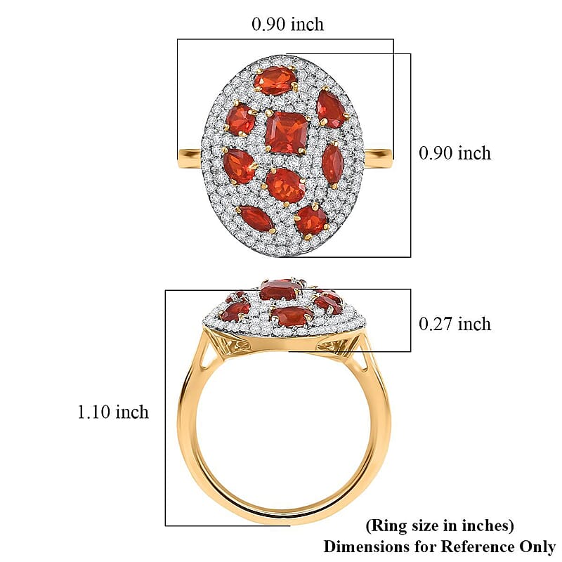 D'Joy Mexican Cherry Fire Opal and Moissanite 1.85 ctw Cluster Art Deco Ring in 18K Vermeil Yellow Gold Over Sterling Silver (Size 6.0)