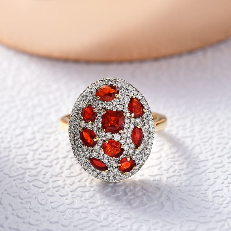 D'Joy Mexican Cherry Fire Opal and Moissanite 1.85 ctw Cluster Art Deco Ring in 18K Vermeil Yellow Gold Over Sterling Silver (Size 7.0)