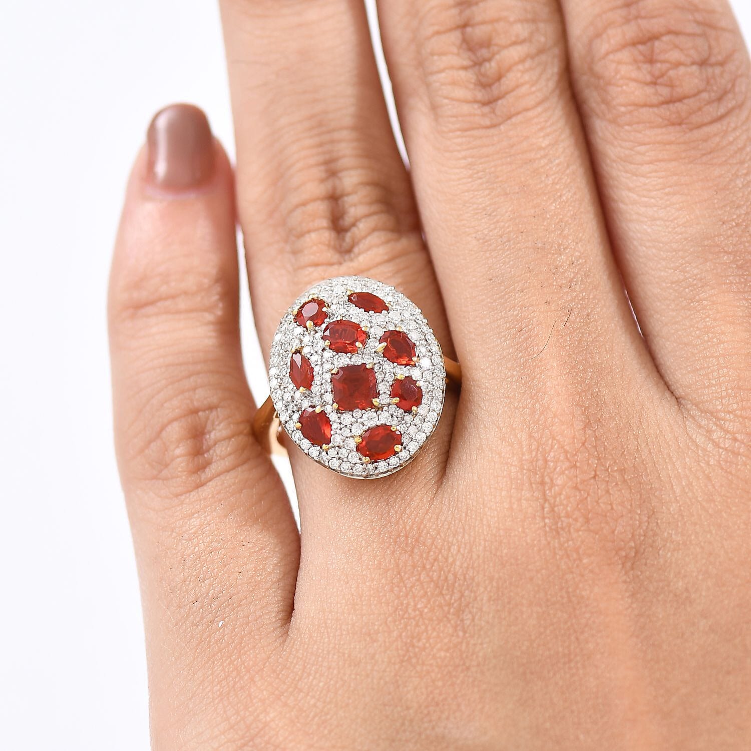 D'Joy Mexican Cherry Fire Opal and Moissanite 1.85 ctw Cluster Art Deco Ring in 18K Vermeil Yellow Gold Over Sterling Silver (Size 7.0)