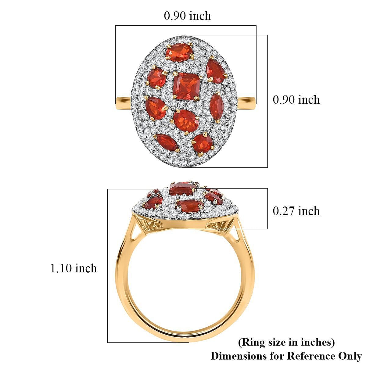 D'Joy Mexican Cherry Fire Opal and Moissanite 1.85 ctw Cluster Art Deco Ring in 18K Vermeil Yellow Gold Over Sterling Silver (Size 7.0)