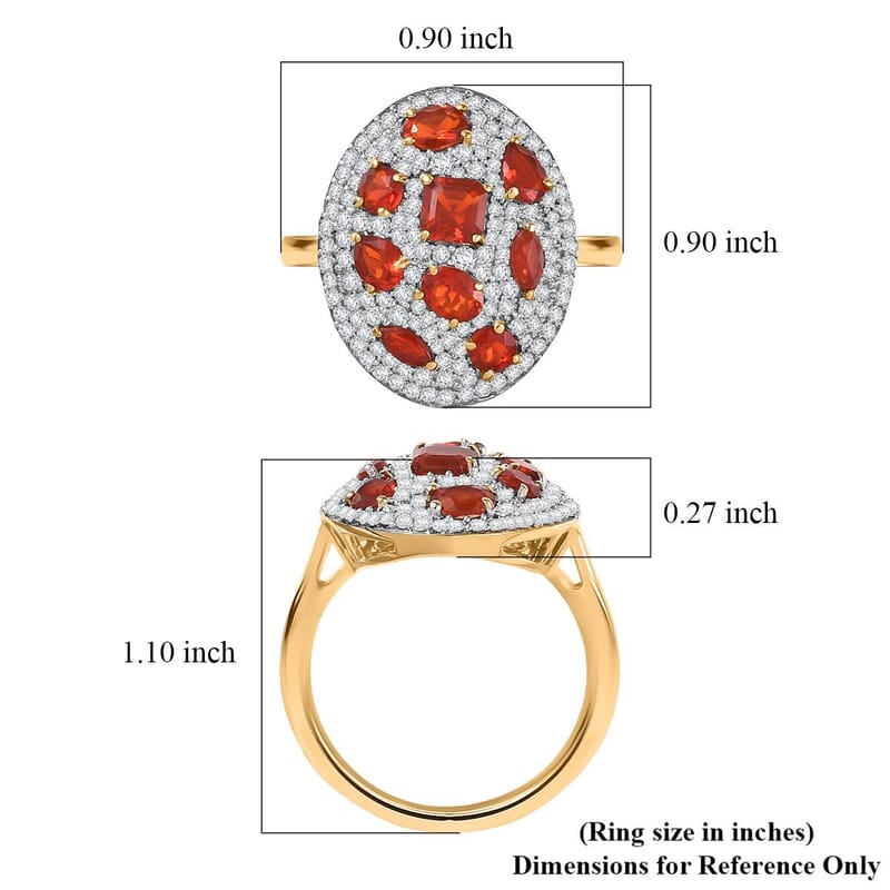 D'Joy Mexican Cherry Fire Opal and Moissanite 1.85 ctw Cluster Art Deco Ring in 18K Vermeil Yellow Gold Over Sterling Silver (Size 7.0)