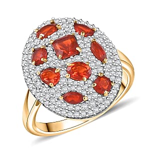 D'Joy Mexican Cherry Fire Opal and Moissanite 1.85 ctw Cluster Art Deco Ring in 18K Vermeil Yellow Gold Over Sterling Silver (Size 8.0)