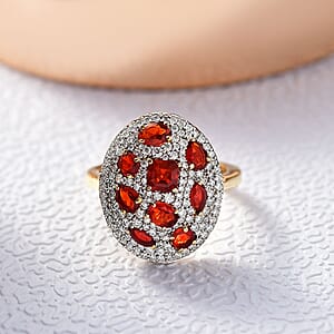 D'Joy Mexican Cherry Fire Opal and Moissanite 1.85 ctw Cluster Art Deco Ring in 18K Vermeil Yellow Gold Over Sterling Silver (Size 8.0)