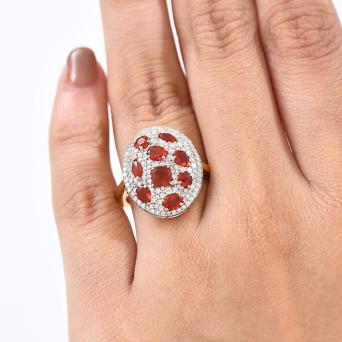 D'Joy Mexican Cherry Fire Opal and Moissanite 1.85 ctw Cluster Art Deco Ring in 18K Vermeil Yellow Gold Over Sterling Silver (Size 8.0) image number 2